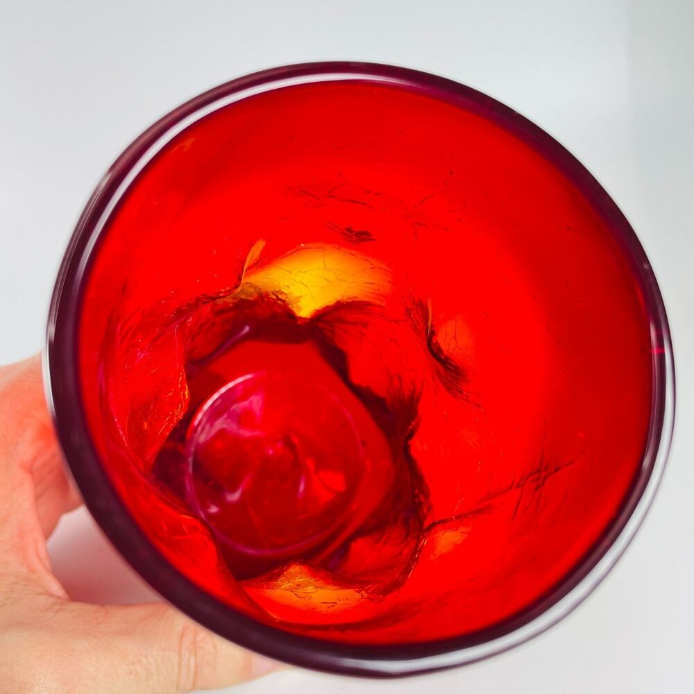 Blenko MCM Red Tangerine Amberina Crackle Pinch Dimple 6" Tumbler Glasses Pair - Picture 5 of 8